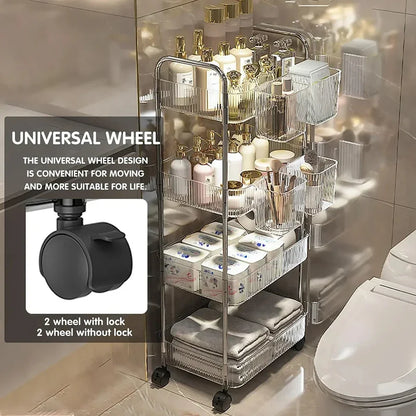 2/3/4Layers Light Luxury Storage Rack Trolley Transparent Acrylic Rolling Cart With Removable Hanging Baskets Snacks Bookshelf
