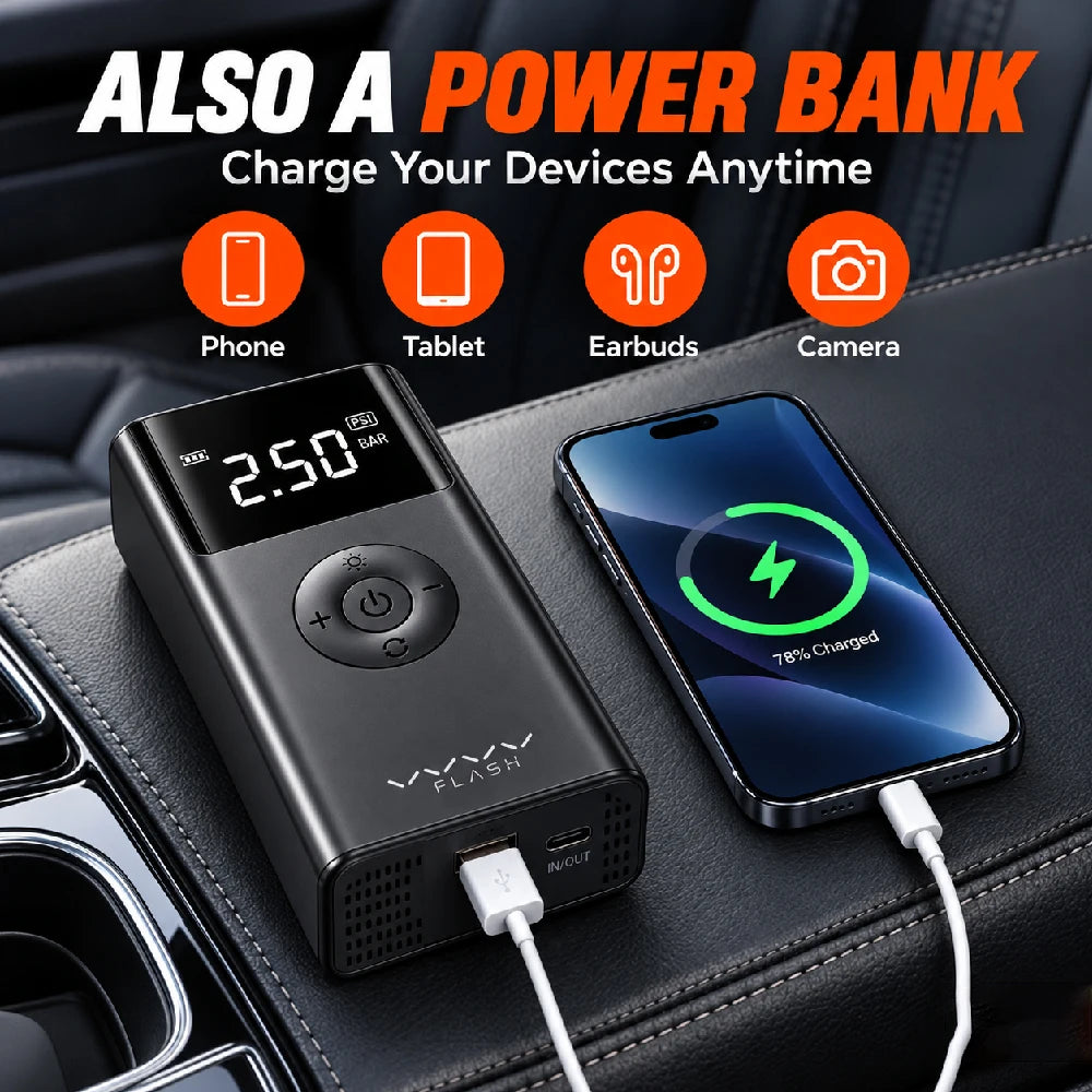 Vyvylabs 12V Car Jump Starter with Air Compressor 600A Peak 150PSI Tire Inflator Power Bank LED Lights Portable Battery Booster