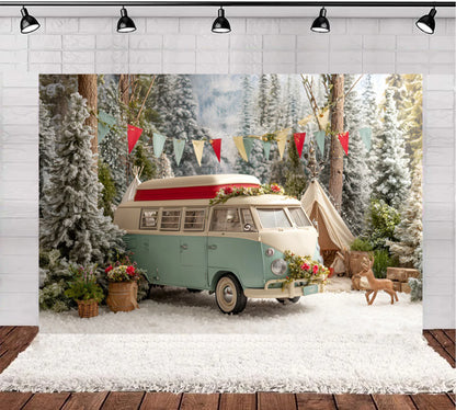 Christmas Photography Background Winter Snowy Pine Trees Mini Bus Camper Backdrop Xmas Gift Kids Winter Outdoor Photocall
