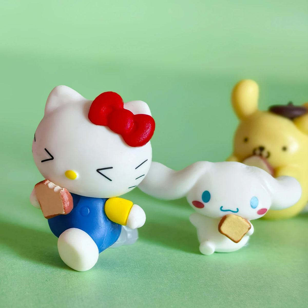 Sanrio Characters Hello Kitty Cinnamoroll Hold Bread Running Figures Blind Box Toy Model Desk Decor Car Ornaments Collection