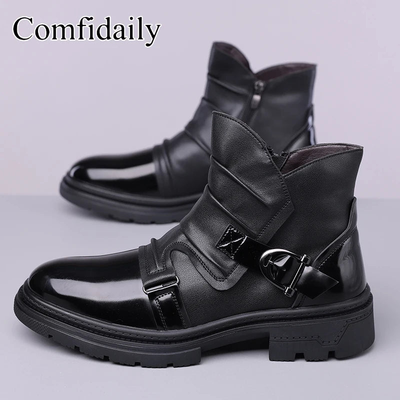 Fashionable  casual personalized motorcycle men boots with retro V-mouth side zipper outdoor oversized (39-48) riding boots