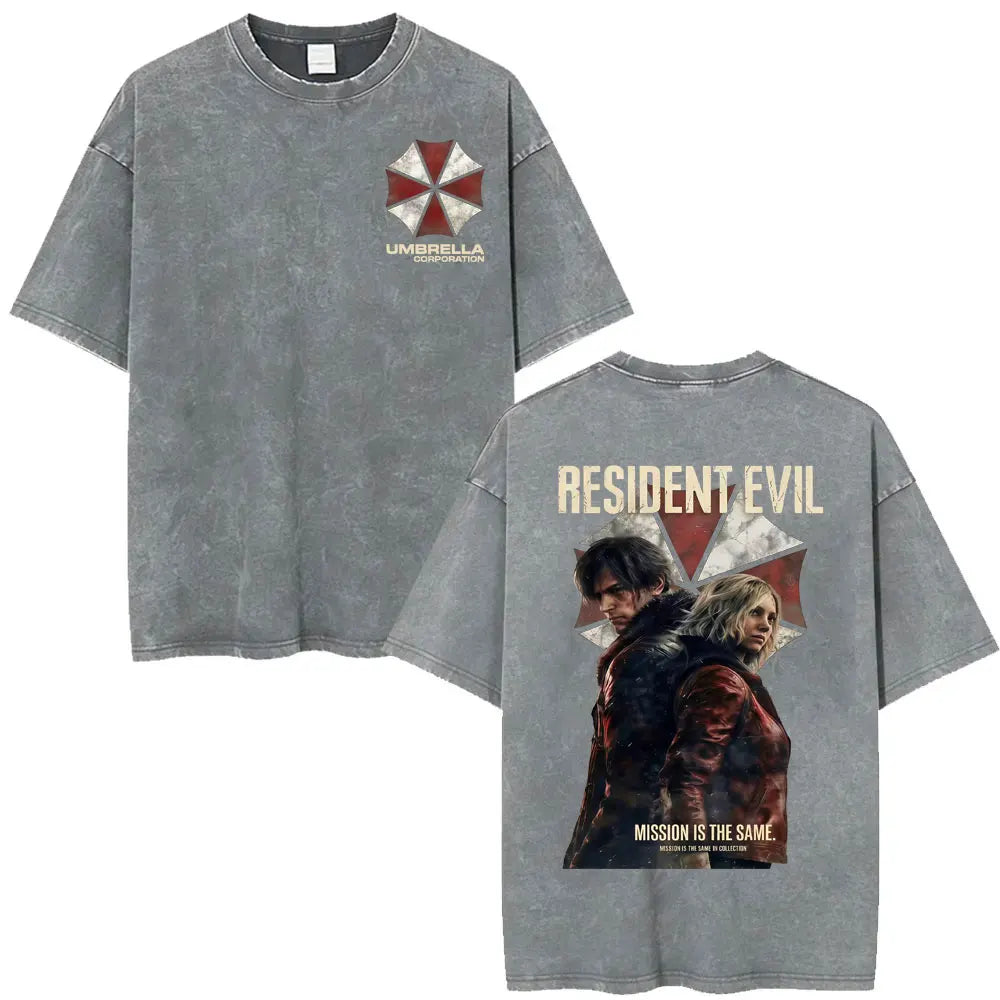 Limited Resident Evil Requiemm Anime T Shirt Men's Clothing Gothic Vintage Washed T Shirts Summer Tops O-Neck T-shirt Streetwear