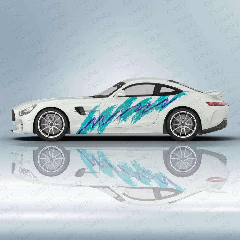 Full Color Printed Decals on Both Sides of The Car, Blue Graffiti Retro Solo Jazz Car Side Door Modification Decals Accessories