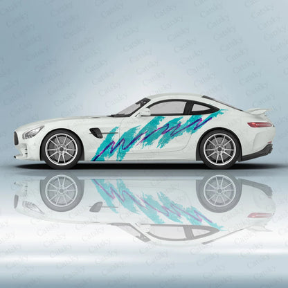 Full Color Printed Decals on Both Sides of The Car, Blue Graffiti Retro Solo Jazz Car Side Door Modification Decals Accessories