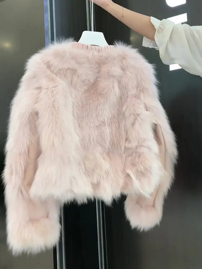 Winter Pink Eco-Friendly Fox Hair Women's Short Fringed Edge Design Age-Reducing Jacket Furry Top Faux Fur jacket For Lady