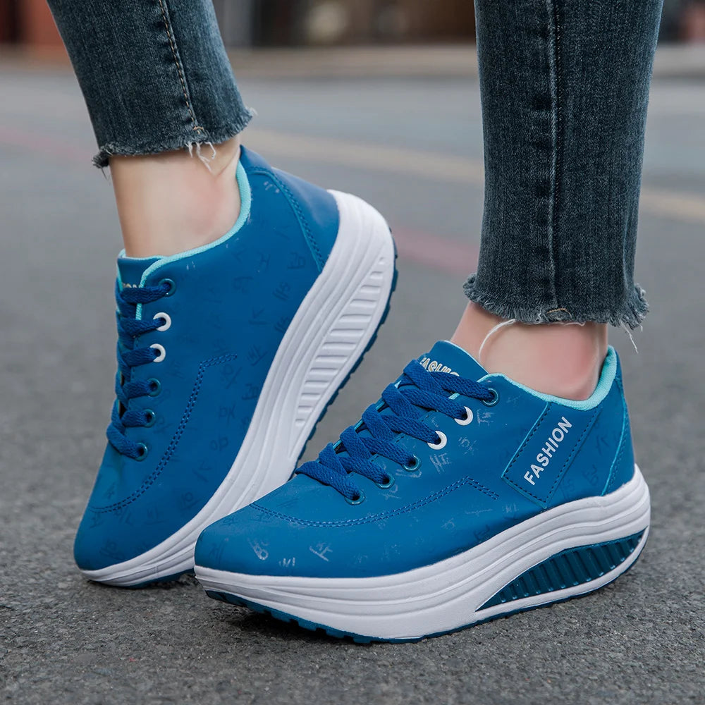 Ladies Casual Sports Shoes Breathable Comfortable Wedge Heel Thick Sole Sneakers Lace-up shoes
