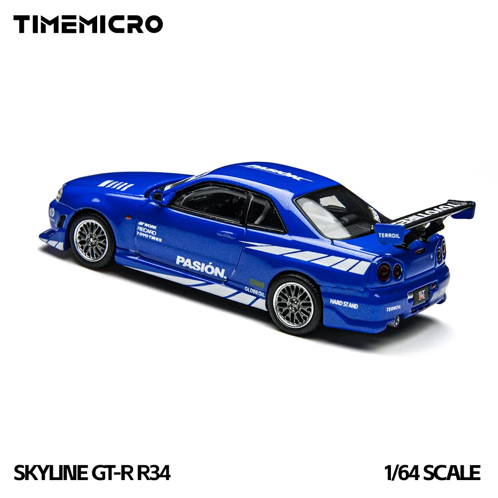 TimeMicro1:64 Skyline GT-R R34 Simulation Alloy Vehicle Model Passion Blue Diecast Car For Collection Display Gift