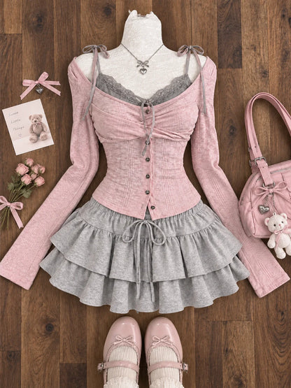 Sweet Lolita Lace Up Ruffles Cardigan+ Sexy Slim Fit Strapless Vest Tops+ High Waist Ruched Skirts Early Autumn Three Piece Sets
