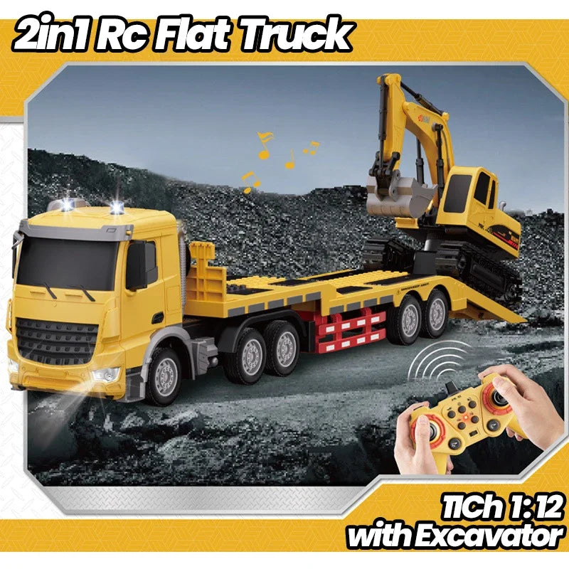 1/12 Rc Flat Truck with Excavator 11Ch Alloy Engineer Vehicle 2.4G Remote Control Car Radio Controlled Trailer Toys for Boy