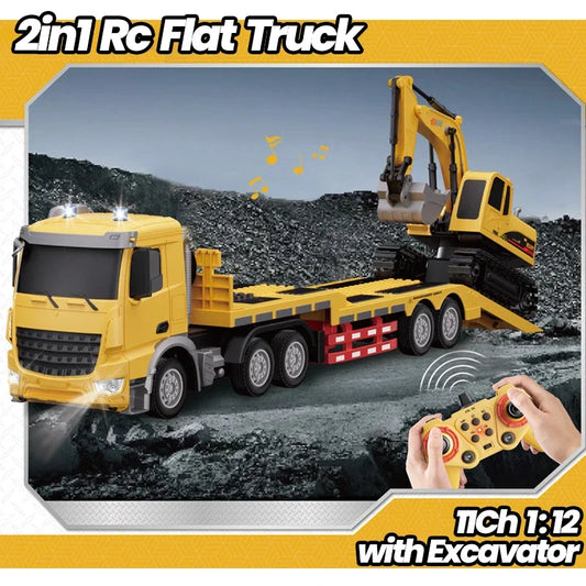 1/12 Rc Flat Truck with Excavator 11Ch Alloy Engineer Vehicle 2.4G Remote Control Car Radio Controlled Trailer Toys for Boy
