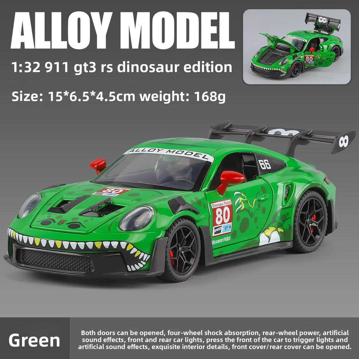 1:32 Porsche 911 GT3 R Rexy T-Rex Livery AO Racing Car Pull Back Toy with Light & Sound Drop Resistant Decor Gift for Collectors