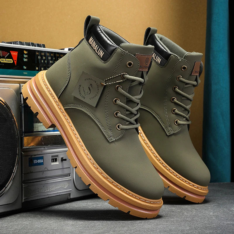 [Heavy-Duty Lace-Up Boots] 1-Pair High-Top Heavy-Duty Lace-Up Ankle Boots | All-Terrain PU/Fabric, Lugged PVC Sole | Al