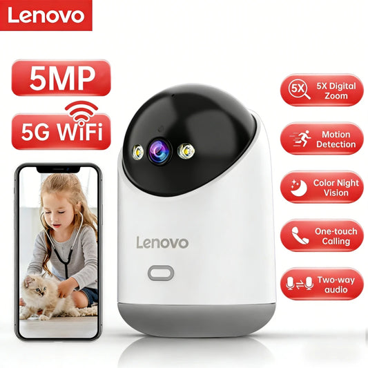 Lenovo 5MP Indoor Smart Security Camera 2.4G 5G WiFi Wireless PTZ IP Cam Two‑Way Talk Night Vision Motion Alert Pet Baby Monitor