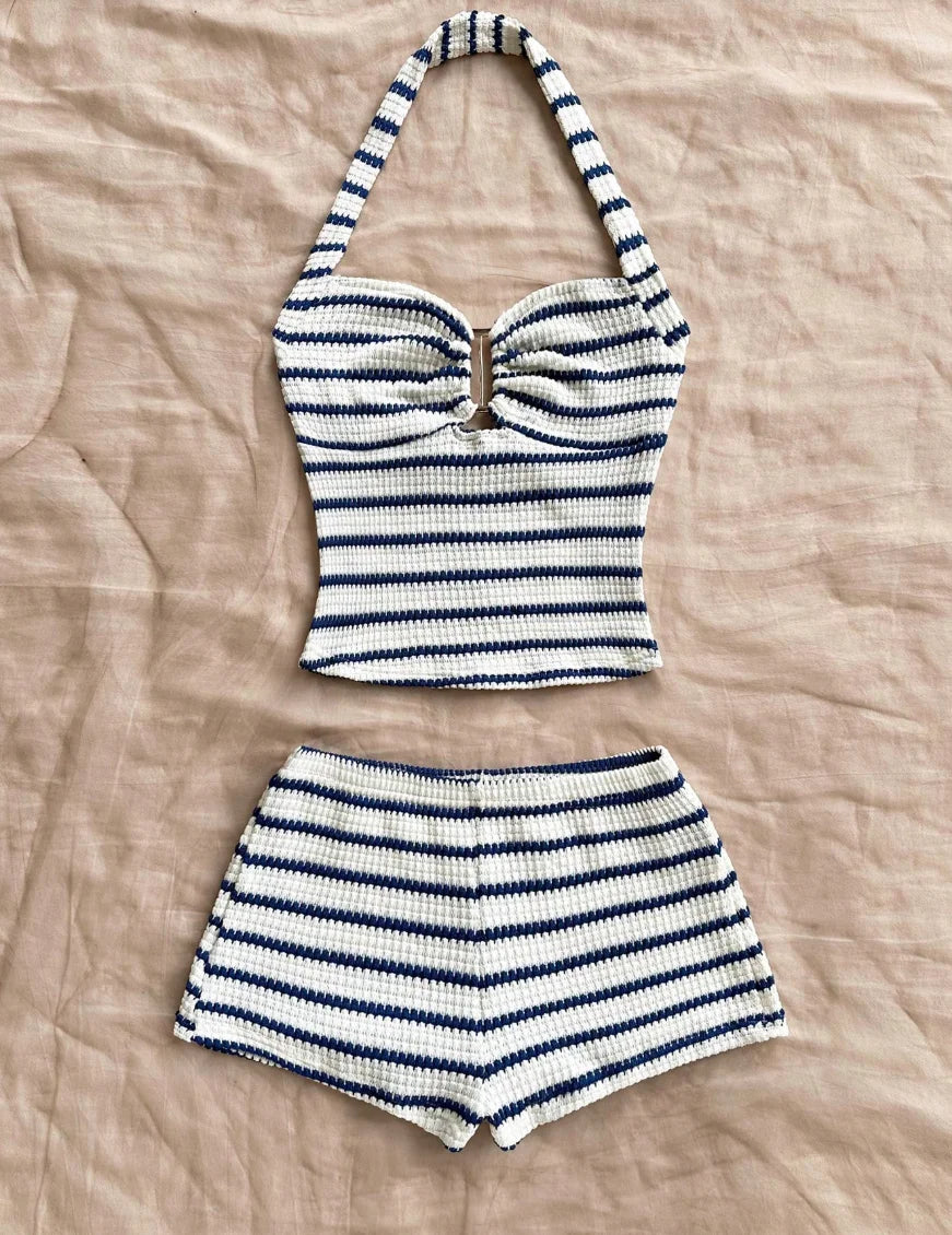 Summer Textured Knit Halter Top Shorts Two Piece Outfit, Classic Nautical Stripes Paired With Breathable Knit Fabric, Ideal For