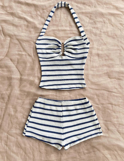 Summer Textured Knit Halter Top Shorts Two Piece Outfit, Classic Nautical Stripes Paired With Breathable Knit Fabric, Ideal For