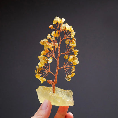 1 Piece Natural Gemstone Crystal Lucky Tree Decoration with Raw Stone Base – for Home, Office Desk & Living Room