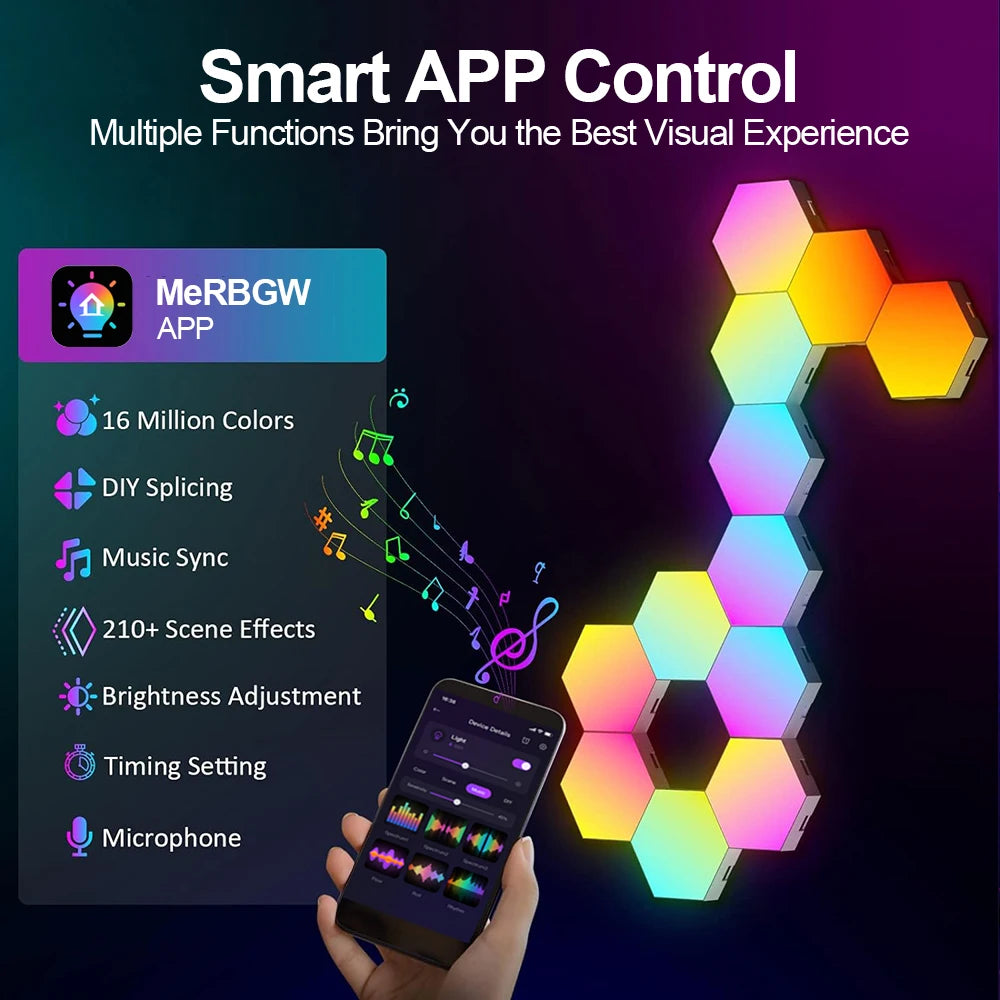 RGB Smart Hexagonal Wall Lamp Color Changing Ambient Night Light DIY Shape Music Rhythm APP For Game Room Bedroom Intelligent