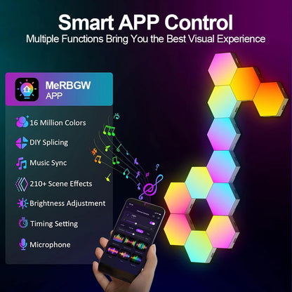 RGB Smart Hexagonal Wall Lamp Color Changing Ambient Night Light DIY Shape Music Rhythm APP For Game Room Bedroom Intelligent