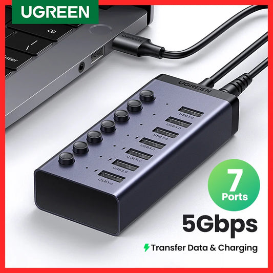 UGREEN USB C Hub 7-Port USB3.0 Splitter with Individual OFF/ON Switch LED Indicator for Desktop PC Laptop USB Ports Extender