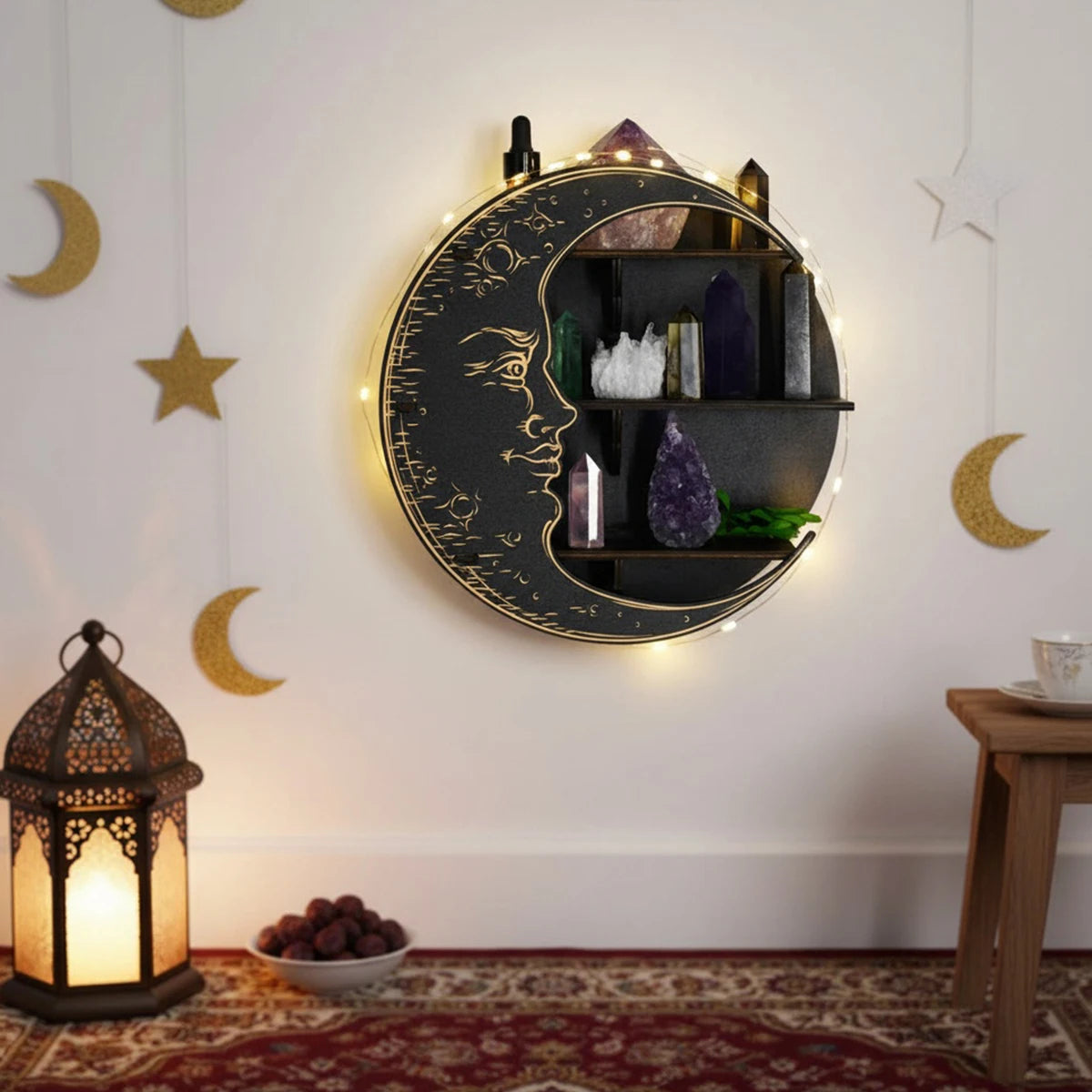 1PC,Ramadan (رمضان) simple wooden circular moon decorative nail wall display rack, DIY assembled Floating Shelf/Shelves