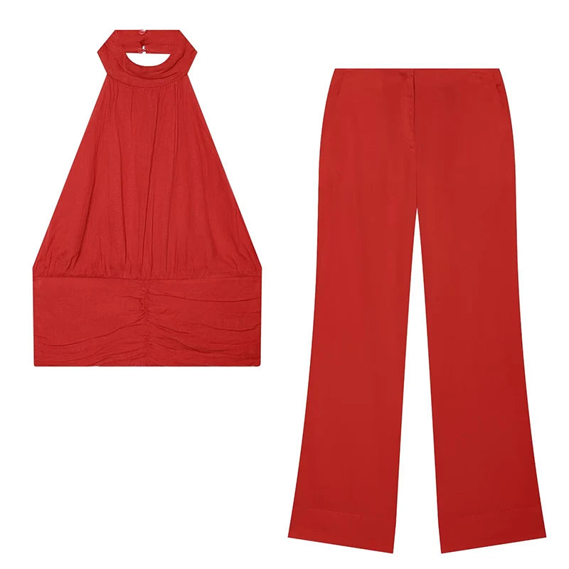 TFMLN Women's Red Ruffled Top Set Halter Crop Backless Sleeveless Top Chic High Waist Straight Trousers Outfit Fashion Sexy