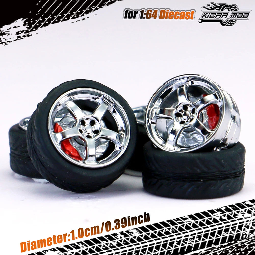 Kicarmod 1/64 Model Car ABS Wheels with Rubber Tire Brake Disc Refitting Parts Diameter 10mm For Model Car Tomica