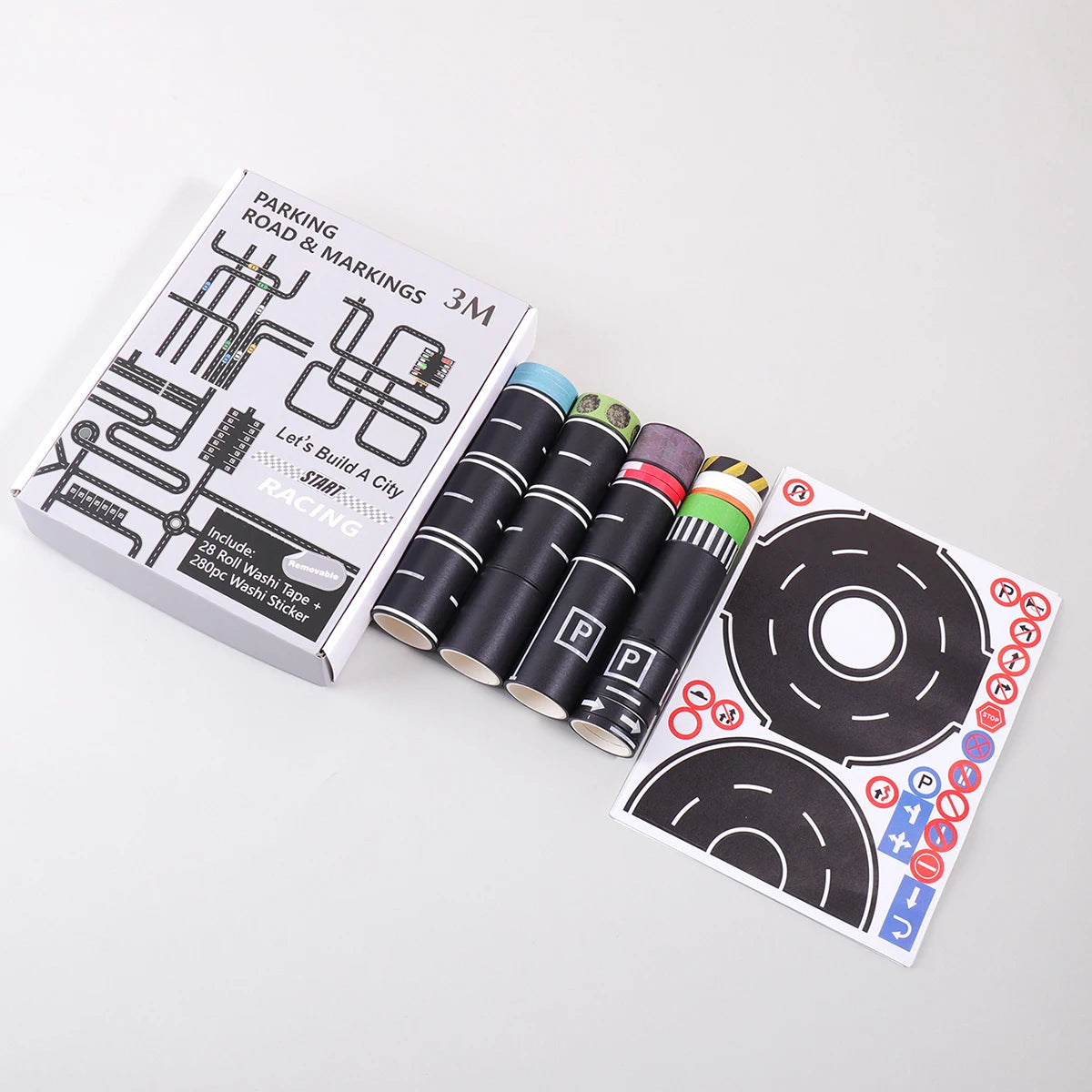 Cartoon Road Track Washi Tape Set: Racing Theme Black Road Stickers Set for DIY Car Game Decoration, Party Supplies,Gift