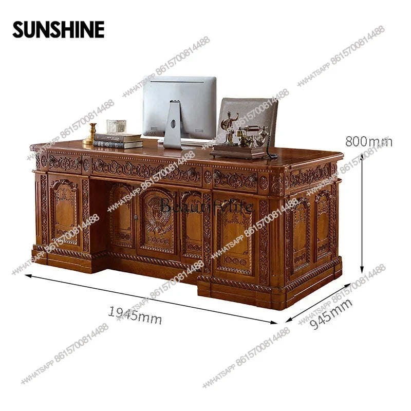 Luxury American Style Solid Wood White Wax Large Desk European President Office Boss Desk