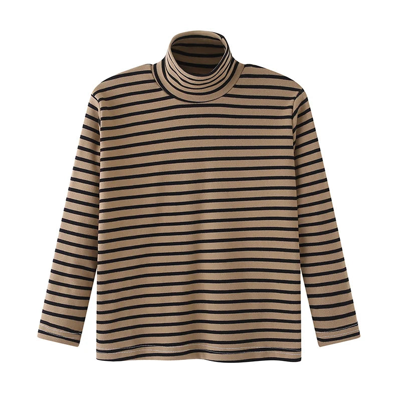Autumn And Winter Children's Fashion Striped High Neck Long Sleeved Base Shirt Boys' Casual Sports Top Girls' Versatile Warm T