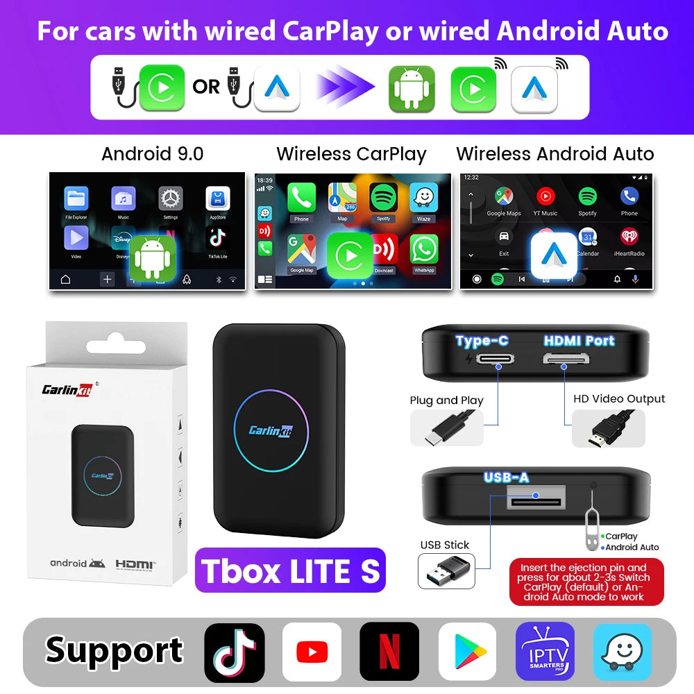 2026 CarlinKit HDMI Android Ai Box Wireless Carplay Android Auto For Youtube Netflix IPTV 5 IN 1 WIFI 5GHZ USB A Plug And Play