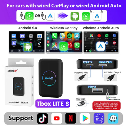 2026 CarlinKit HDMI Android Ai Box Wireless Carplay Android Auto For Youtube Netflix IPTV 5 IN 1 WIFI 5GHZ USB A Plug And Play