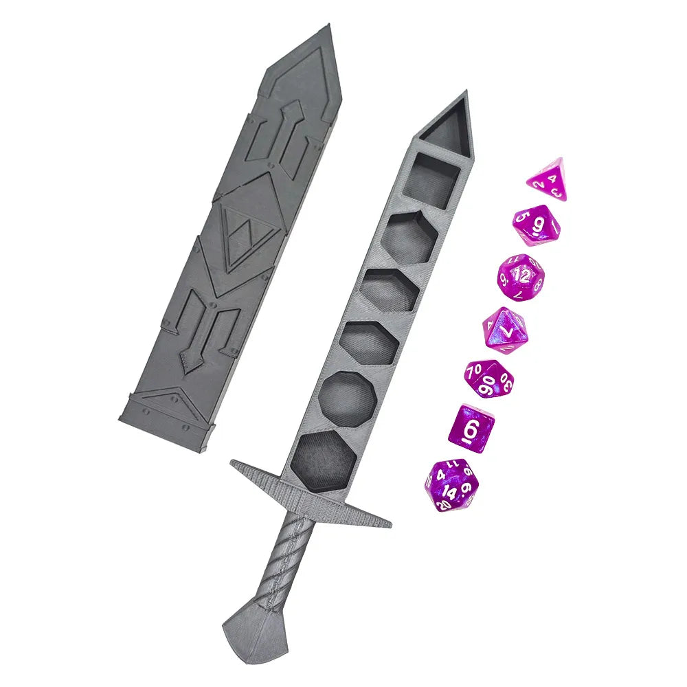 Creative Silvery Sword-shaped Storage Box with 7Pcs DND Dices Set Portable RPG TRPG Games Dice Role Playing Games Accessories