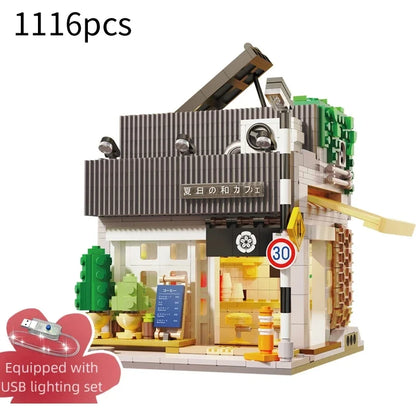 Cada Japanese Sushi HouseBricks Shop LED Japanese Steamed Bun House Building Blocks Summer Cafe Cada Toy Street View Series Set