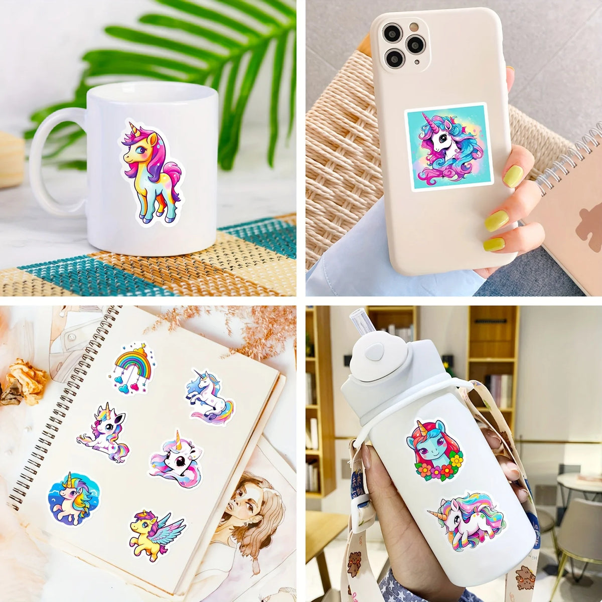 50Pcs Cute Rainbow Unicorn Stickers for Kids Waterproof Vinyl Stickers for Birthday Party Favors Cartoon Decals for Girls Gift