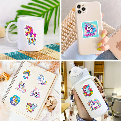 50Pcs Cute Rainbow Unicorn Stickers for Kids Waterproof Vinyl Stickers for Birthday Party Favors Cartoon Decals for Girls Gift