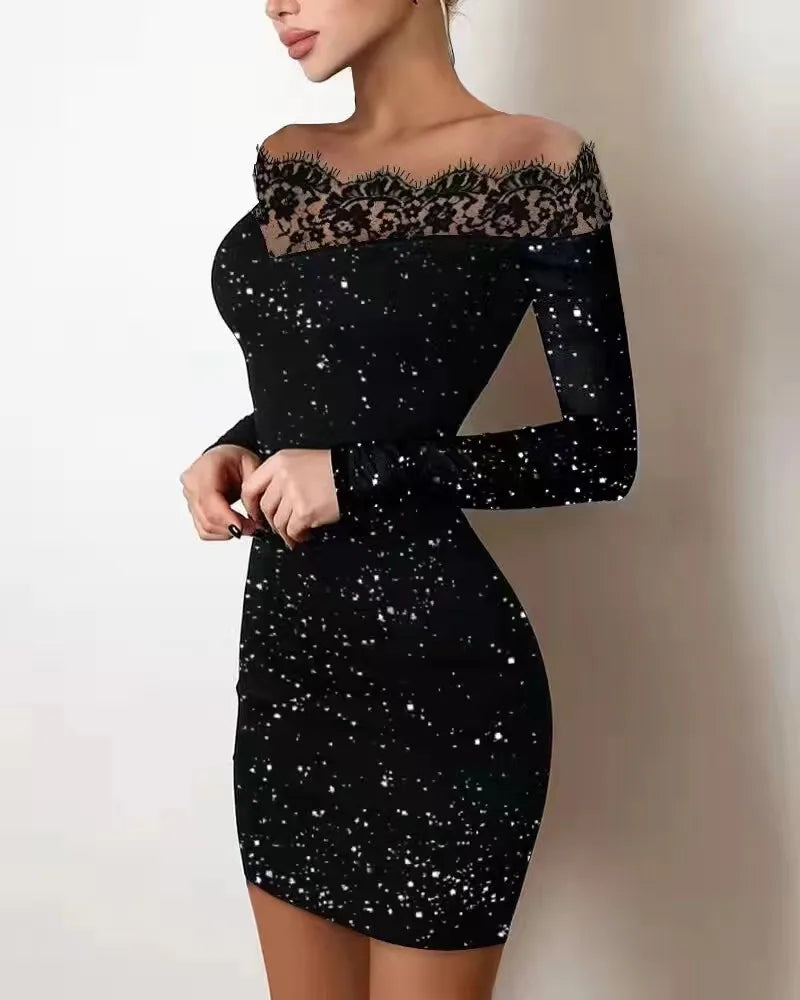 Women Elegance, Leisure, Sexy Long sleeved Lace Edge, One Shoulder Silver Powder Sprinkled Dress
