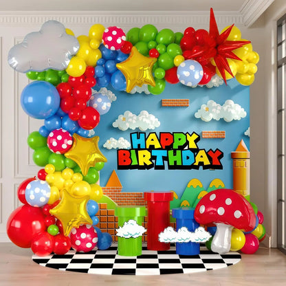 Red Blue Green Yellow Cloud Mushroom Star Balloons Arch Kit for Cartoon Video Game Super Bros Birthday Inspired Party Decoration