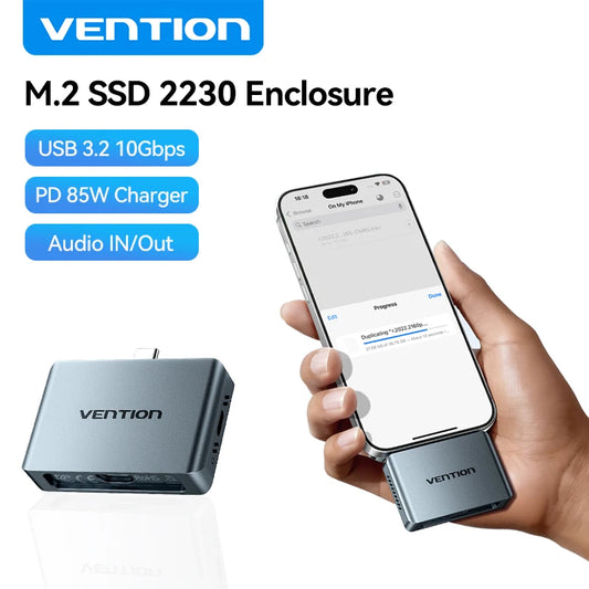 Vention 2230 M.2 NVMe SSD Enclosure USB C 3.2 Gen2 10Gbps M.2 SSD Case With Audio Port PD 100W for iPhone 17 iPad MacBook Laptop