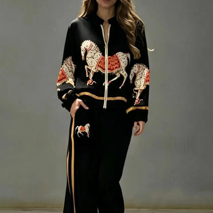 Women's Animal Print Two Piece Set Zip Up Long Sleeve Top High Waist Striped Wide Leg Pants Casual Autumn Ladies Tracksuit Set