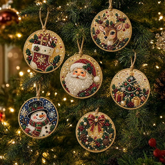 6Pcs Wooden Christmas Ornaments DIY Pearl Art Kits Hanging Diamond Art Christmas Tree Ornaments Set with Pearls Home Decoration