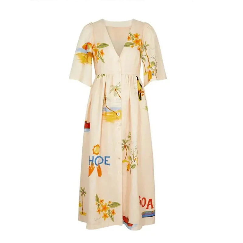 Elegant Printed Dress Women V Neck Puff Sleeve Loose Midi Female Dresses 2024 Summer Holidays Casual Lady Beach A-Line Vestidos