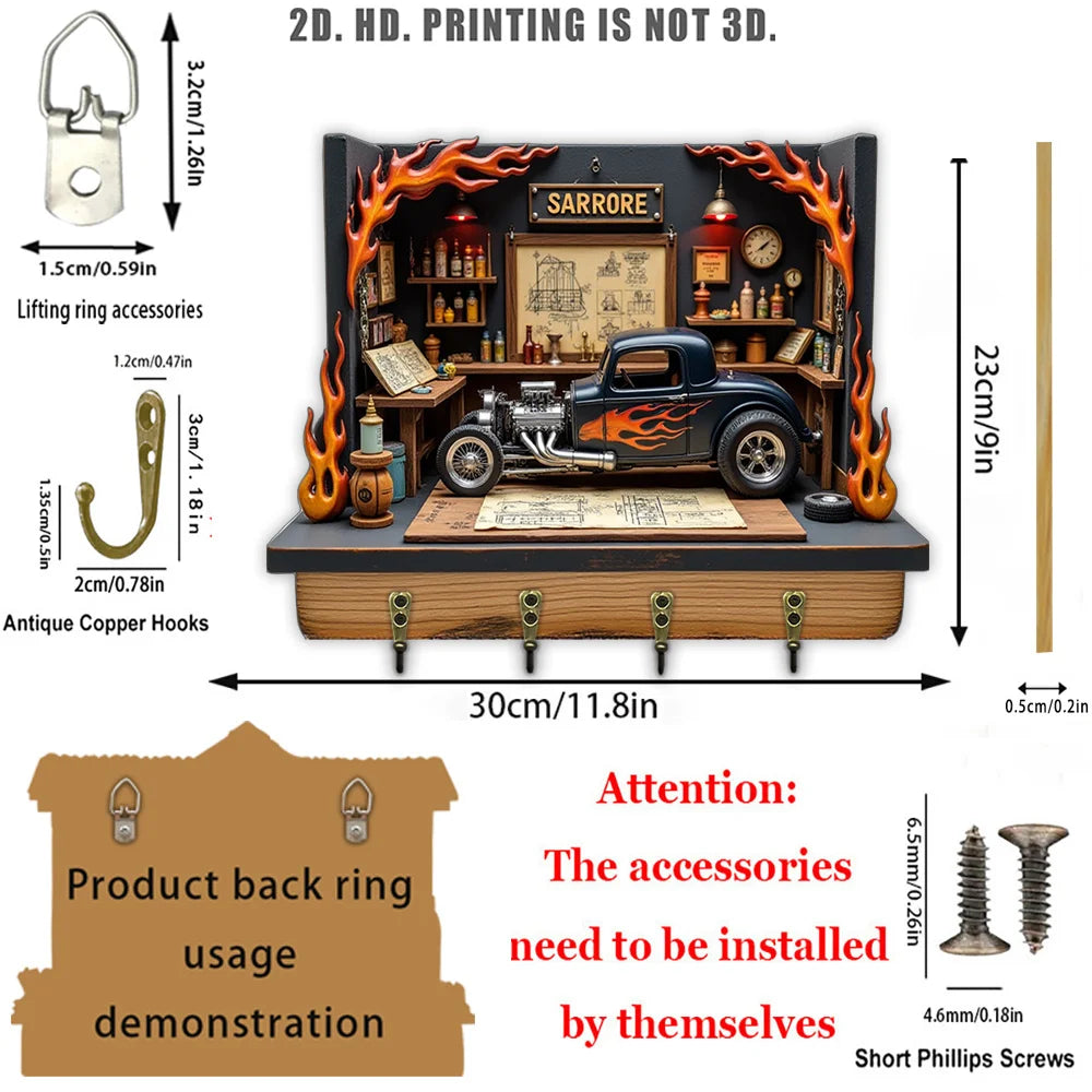 2D Flat, 1pc, Flame Car Key Hook, Wooden Multifunctional Home House Key Hook with 4 Metal Hooks, Wall Decoration, Porch
