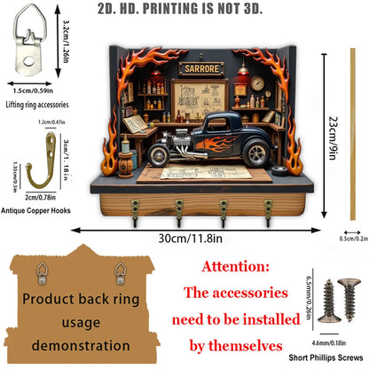 2D Flat, 1pc, Flame Car Key Hook, Wooden Multifunctional Home House Key Hook with 4 Metal Hooks, Wall Decoration, Porch