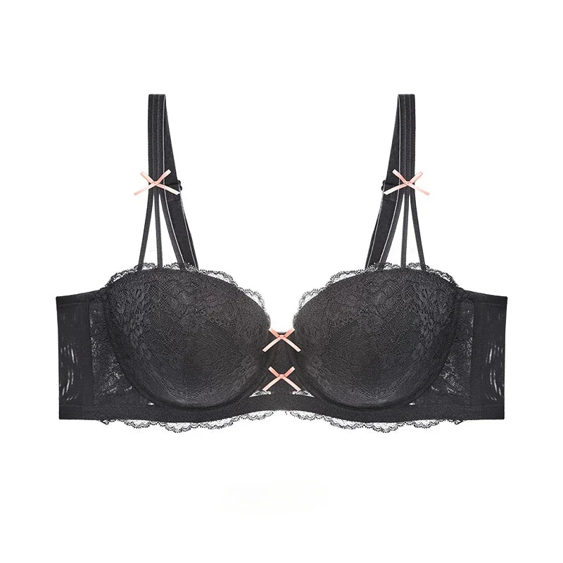 Half Cup Hot Bra Gathered Bowknot Brassiere Thin Large Size Push Up Lace Tube Top Lace Big Chest Revealing Small Lace Bra 9013A