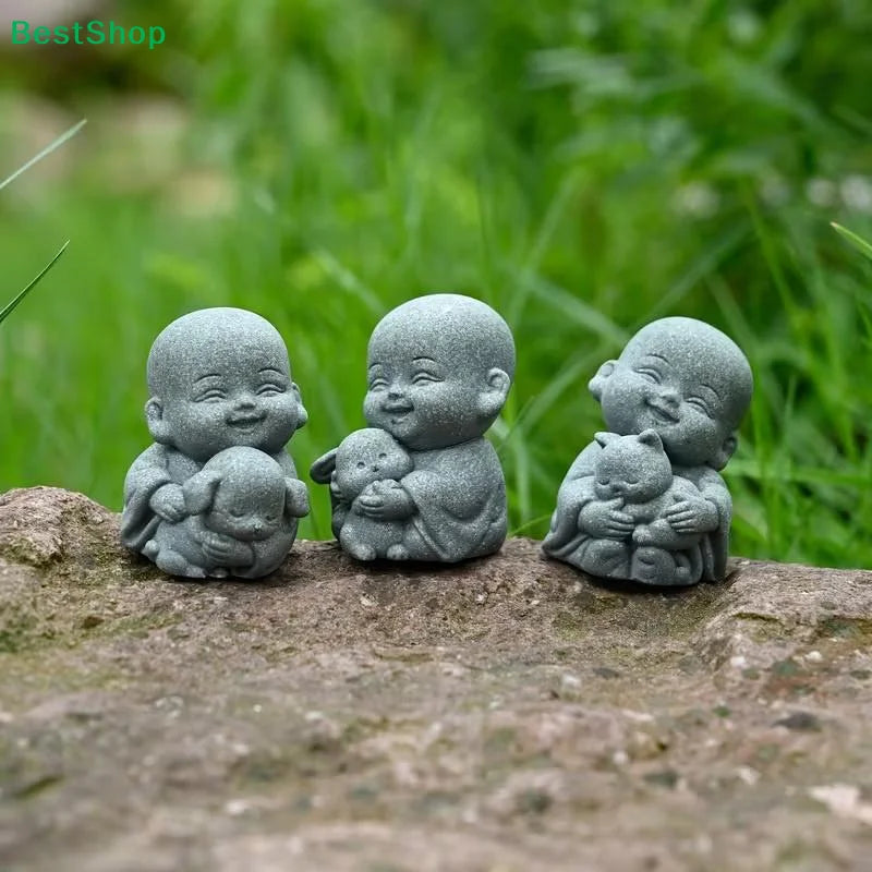 ♫Embracing Animal Monk Statue,Sandstone Finish Zen Baby Buddha Figurine,Mini Spiritual Decor for Home,Office & Garden