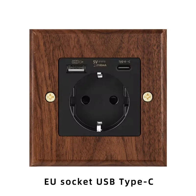 Black walnut wood retro British light switch socket, bedside wall lamp switch LED dimmer, pure wood brass toggle switch board