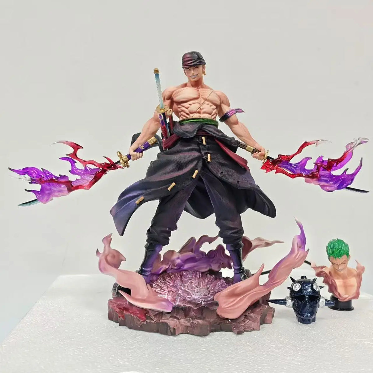 28cm/11.02inch One Piece Zoro Figure Led Base Replace Heads Roronoa Zoro Pvc Action Figures Collection Model Toys Gifts