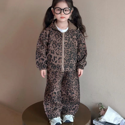 Girls Suit 2025 Autumn and Winter New Children's Clothing Korean Style Girl Baby Fashion Leopard Print Hoodie Sports Two Sets