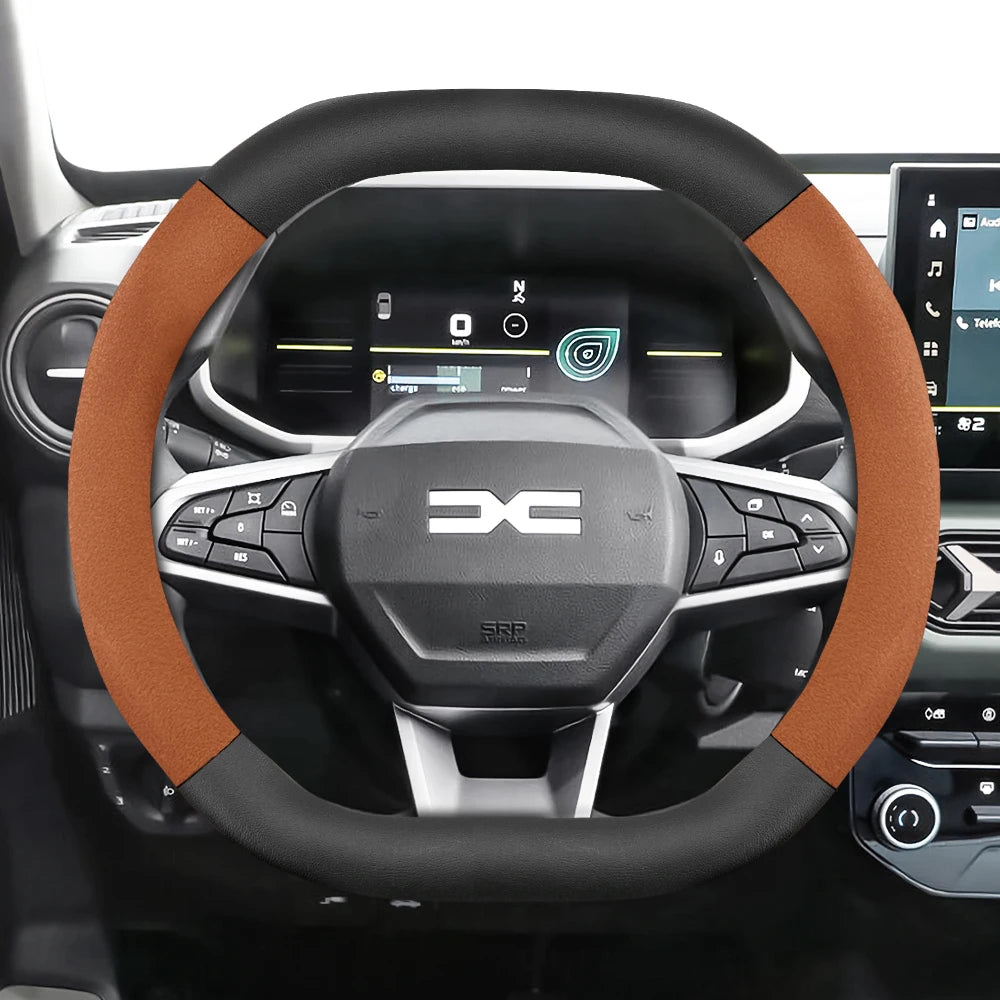 Suitable for Dacia Suede Matte Carbon Fiber Texture Steering Wheel Cover, Suitable for Models Such as Sandero Stepway, Duster, Jogger, Bigster, Spring, Electric, Cargo, Logan, Etc., Black Mocha Car Accessories
