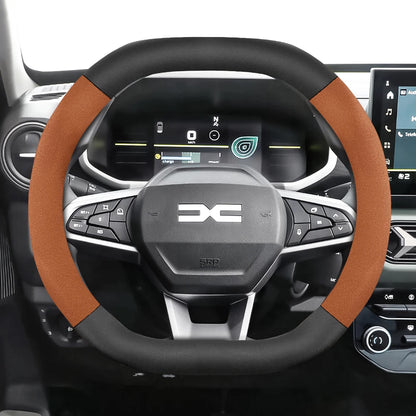 Suitable for Dacia Suede Matte Carbon Fiber Texture Steering Wheel Cover, Suitable for Models Such as Sandero Stepway, Duster, Jogger, Bigster, Spring, Electric, Cargo, Logan, Etc., Black Mocha Car Accessories